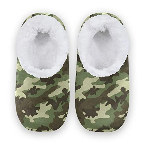 Military Camouflage Green House Fleece Slippers Comfy Bedroom Shoes Anti-Slip for Men UK 8-9