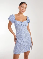 Milkmaid Lace Up Puff Sleeve Mini Dress BLUE Milkmaid Lace Up Puff Sleeve Mini Dress BLUE