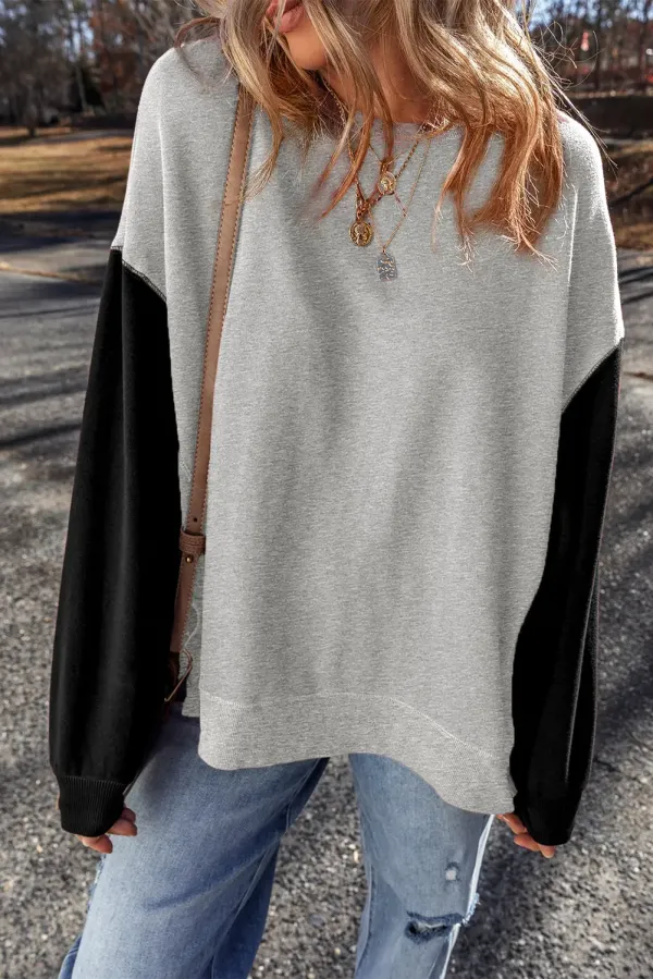 Mineral Red Two Tone Patchwork Drop Shoulder Pullover Sweatshirt - GRAY / L / 50%POLYESTER+50%COTTON