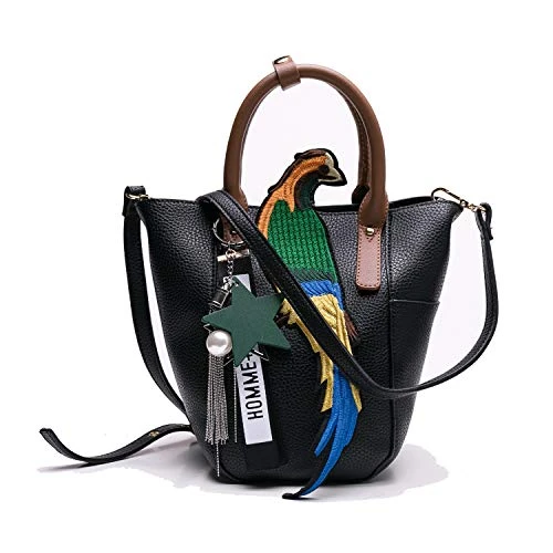 Minishion Leather Satchel Handbag Bird Pattern Casual Shoulder Tote Bag Black