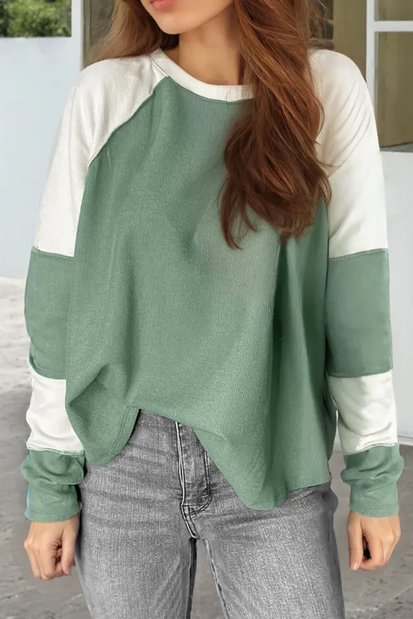 Mint Green Ribbed Colourblock Patchwork Raglan Long Sleeve Top - MINT GREEN / / 93%VISCOSE+%ELASTANE