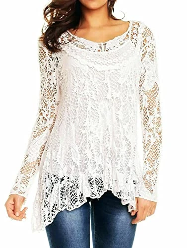 MissHera Women's Italian 2 piece Ladies Long Sleeve Lace Crochet Mesh Tunic Lagenlook Italian Top Bl