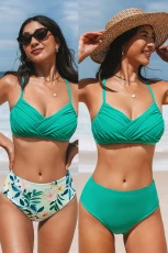 Misty Blossom Reversible High Waisted Bikini Set - Turquoise Nylon 3