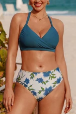 Misty Petal DD+ High Waisted Bikini Set - Dusty Blue