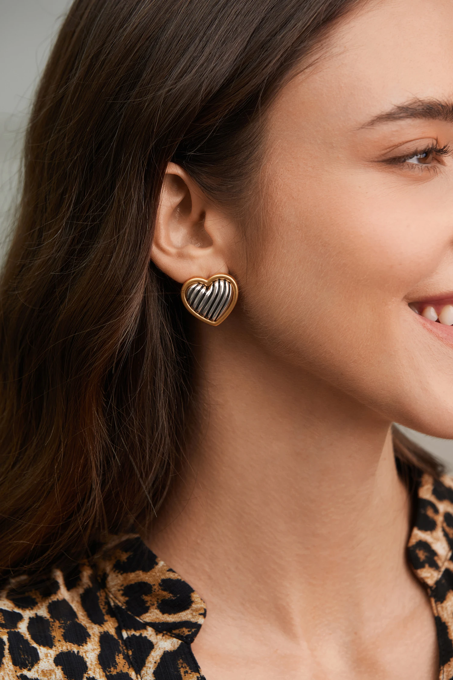Mixed Metal Heart Stud Earrings - Gold