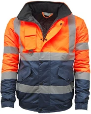 MMK Manchester Hi Vis Viz Bomber Jacket High Visibility Workwear Safety Security Hooded Padded Waterproof Taped Seams Work Wear Coat Top (Orange Navy, Medium) (MMK-BOMBER-8744)