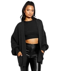 MMK® Women’s Knitted Slouchy Open Front Sweater Top - Ladies 2 Pockets Knit Oversized Balloon Sleeve Boyfriend Cardigan (Black, 8/10)
