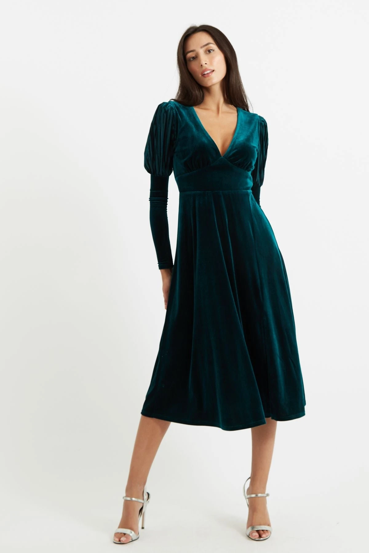 Moa Velvet Stripe V Neck Midi Dress - Teal