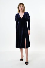 Moa Velvet V-Neck Midi Dress - Navy - blue Blue 2
