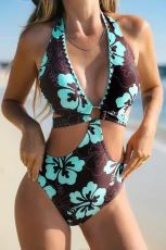 Mocha Wave Floral Halterneck Monokini Swimsuit - Brown