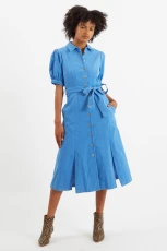 Mollie Baby Cord Puff Sleeve Midi Dress - Blue