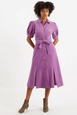 Mollie Baby Cord Puff Sleeve Midi Dress - Lilac