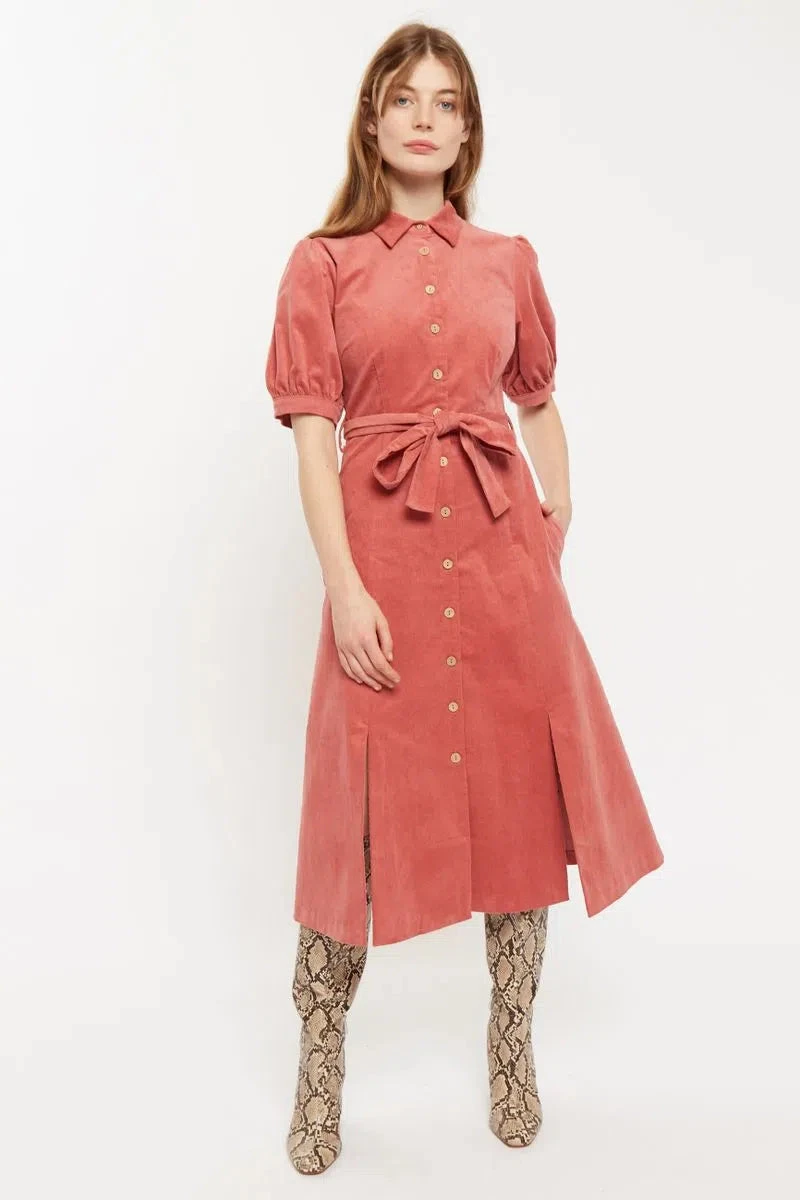 Mollie Baby Cord Puff Sleeve Midi Shirtdress Blush Pink