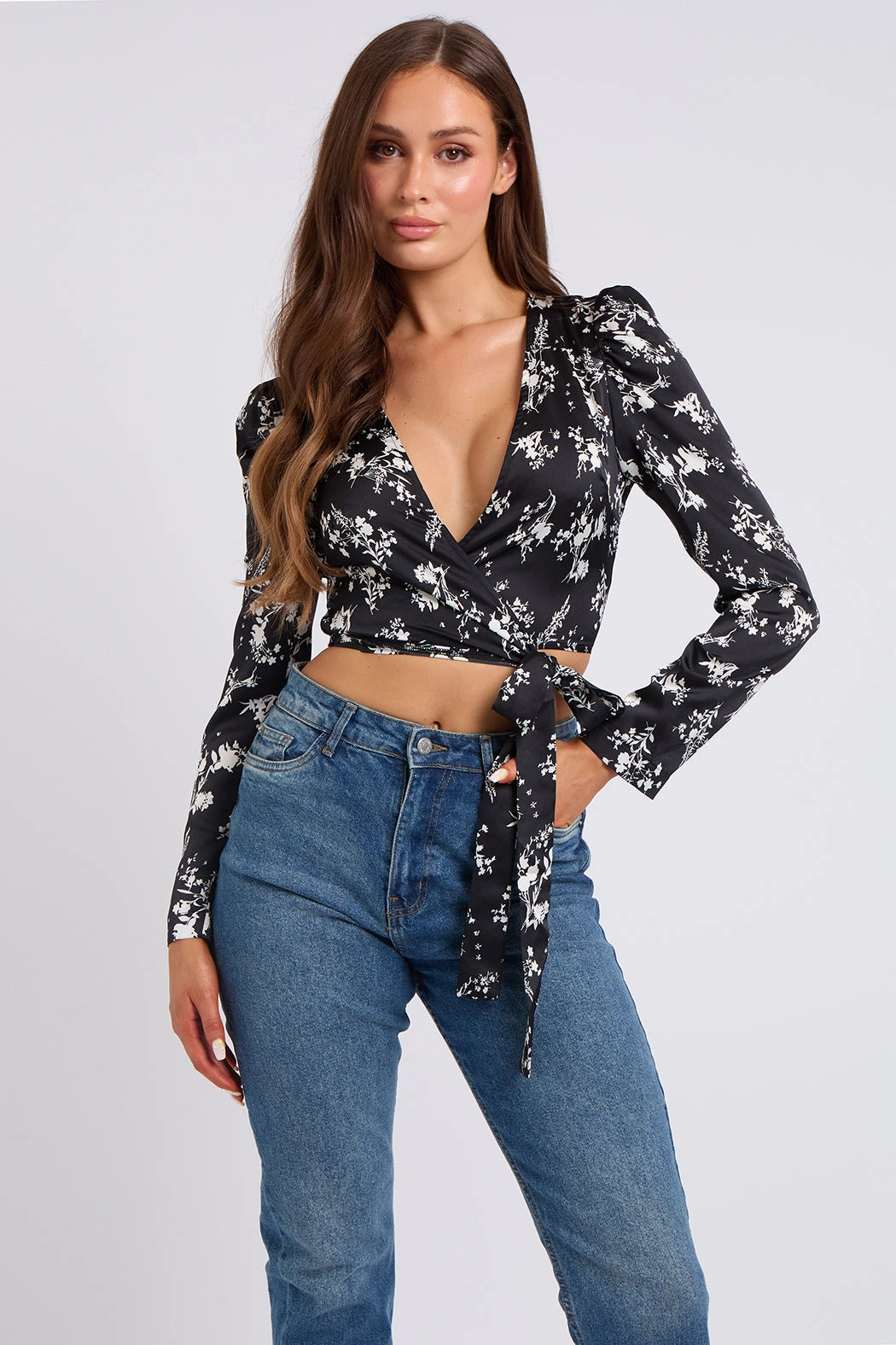 Mono Black Floral Satin Wrap Top /