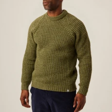 Moss Waffle Wool Crew Neck Jumper - Green