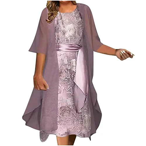 Mother of The Bride Dresses Womens 2 Pieces Outfits Elegant Dress Suits Lace Hollow Out Long Sleeve Cardigan + Sleeveless Dress Wedding Guest Dresses Sets Shift Dress