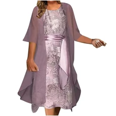 Mother of The Bride Dresses Womens 2 Pieces Outfits Elegant Dress Suits Lace Hollow Out Long Sleeve Cardigan + Sleeveless Dress Wedding Guest Dresses Sets Shift Dress