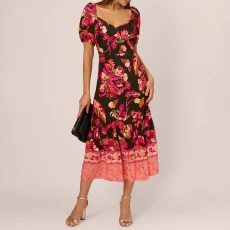 Multi Printed Puff Sleeve Midi Dress - Green