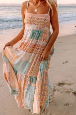 Multicolor Boho Patchwork Print Square Neck Maxi Sundress ULTICOLOR / / 100%POLYESTER