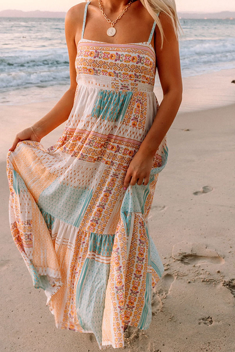 Multicolor Boho Patchwork Print Square Neck Maxi Sundress ULTICOLOR / / 100%POLYESTER