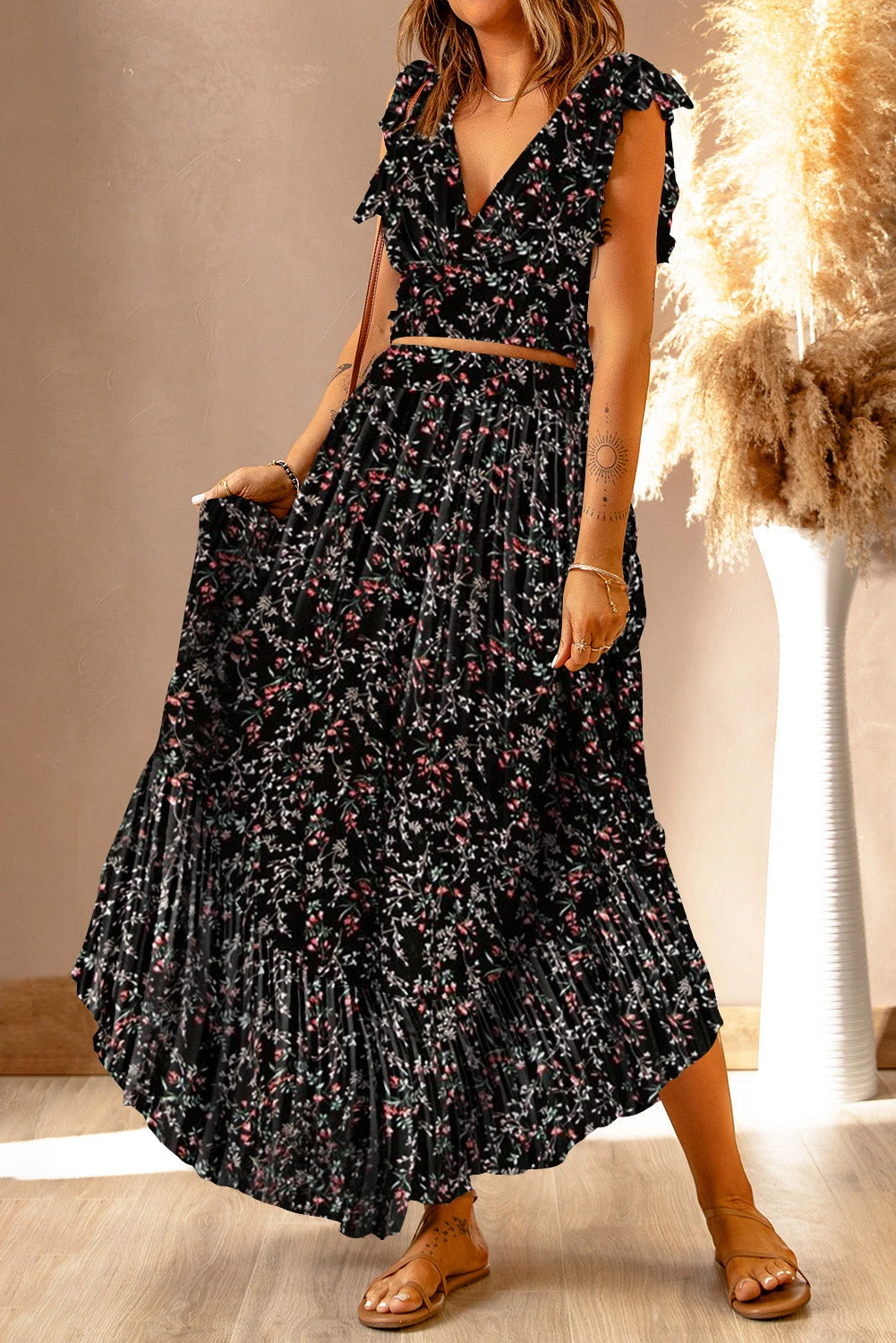 Multicolor Floral Ruffled Crop Top and Maxi Skirt Set - BLACK / / 100%POLYESTER