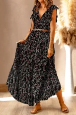 Multicolor Floral Ruffled Crop Top and Maxi Skirt Set - BLACK / / 100%POLYESTER