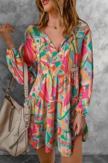 Multicolor Geometric Print Split Neck Ruffle Tiered Mini Dress ULTICOLOR / / 100%POLYESTER Multicolor Geometric Print Split Neck Ruffle Tiered Mini Dress ULTICOLOR / / 100%POLYESTER