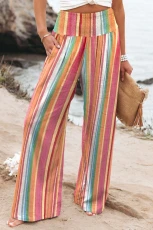 Multicolor Striped Smocked High Waist Wide Leg Trousers ULTICOLOR / / 100%POLYESTER Multicolor Striped Smocked High Waist Wide Leg Trousers ULTICOLOR / / 100%POLYESTER