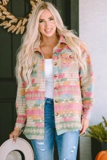 Multicolor Western Aztec Print Button Flap Pocket Shacket ULTICOLOR / / 100%POLYESTER