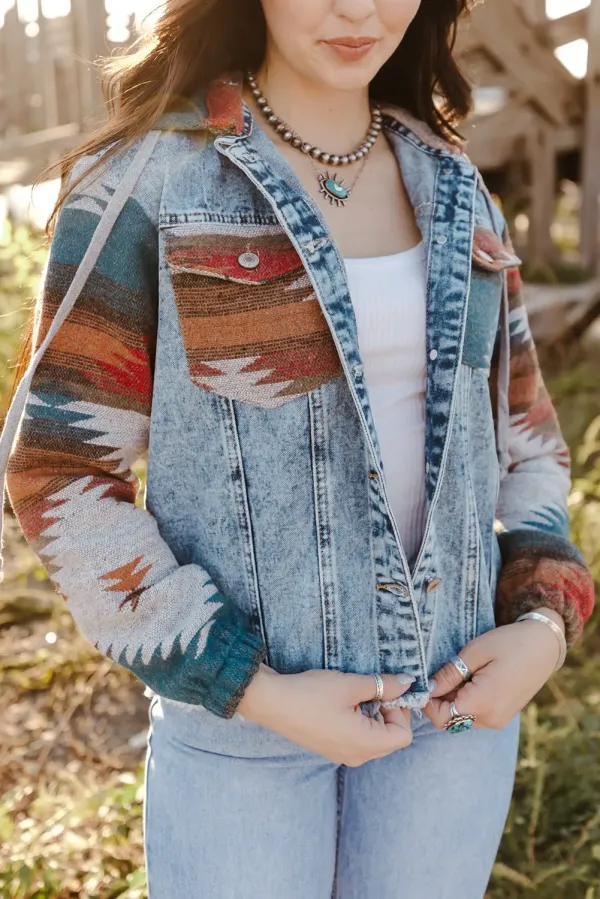 Multicolour Aztec Print Frayed Hem Denim Jacket - MULTICOLOR / L / 75%COTTON+25%POLYESTER