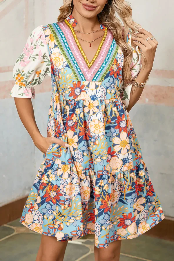 Multicolour Boho Floral Print Crochet Patchwork V Neck Loose Mini Dress - Multicolour / L / 100%Polyester