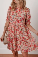 Multicolour Floral Print Frilled Neck Puff Sleeve High Waist Dress ulticolour / / 100%Polyester