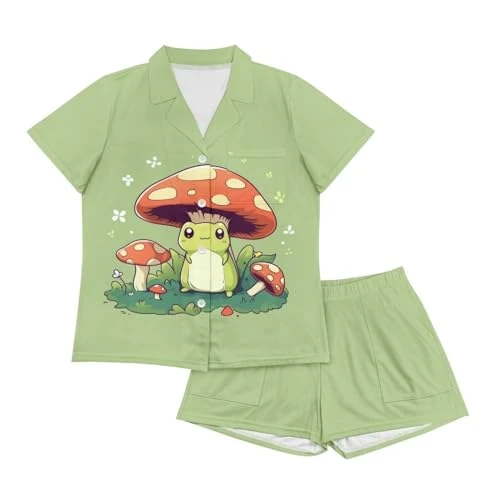 Mushroom Frog Pyjamas Women's Pyjama Sets Medium Short Sleeve Sleepwear Pjs for Women 2 Piece Outfit Lounge Set Ladies Nightwear Sleepshirt Green