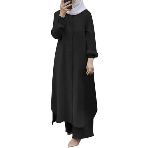 Muslim Dresses Women's Cotton Muslim 2-Piece Sets for Women, Long Sleeve Button Down Shirt Trousers, Abaya, Casual Dress, Dubai Outfits, Evening Dress, Muslim, black, M