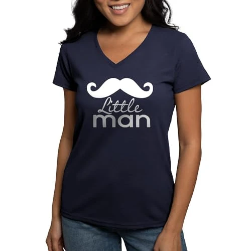 Mustache Little Man T Shirt Womens Cotton V-Neck T-Shirt Navy