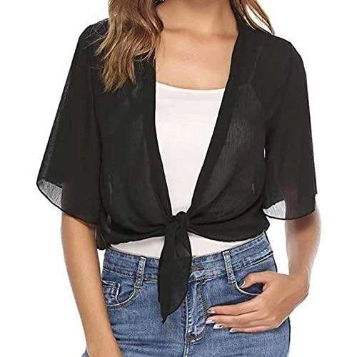 My Order Women's Cardigan Summer Half Sleeve Open Front Shirts UK 2024 Fashion Chiffon Tie Front Top