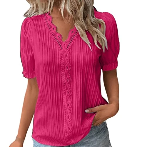 My Orders Lightning Deals of The Day Women Summer Lace Tops for UK 2024 V Neck Plain Solid Color Shi