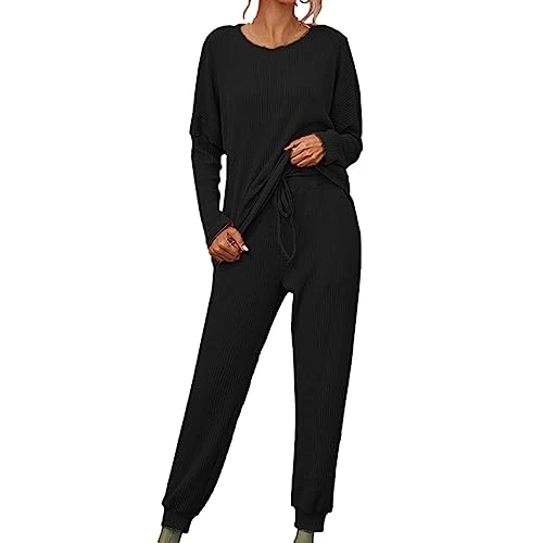 My Orders Women 2 Piece Outfits Autumn Winter Lounge Ribbed Knit Warm Pajama Sets UK Soft Long Sleev