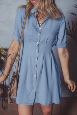 Myosotis Denim Pleated Slim Waist Short Sleeve Shirt Dress yosotis / / 100%Cotton