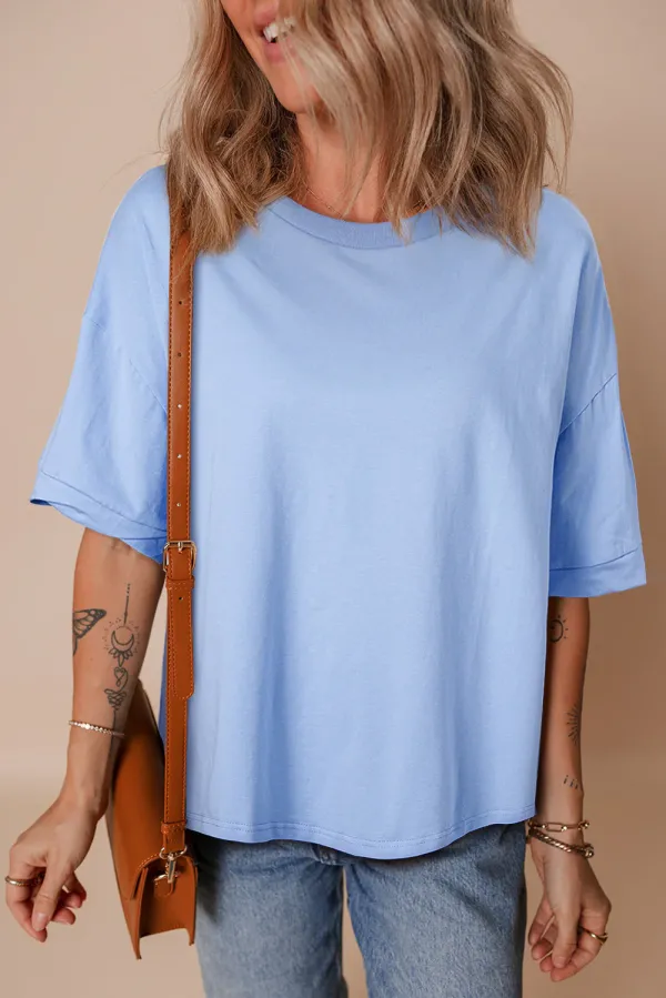 Myosotis Loose Half Sleeve Hi Low Hem T Shirt - Myosotis / / 95%Cotton+%Elastane