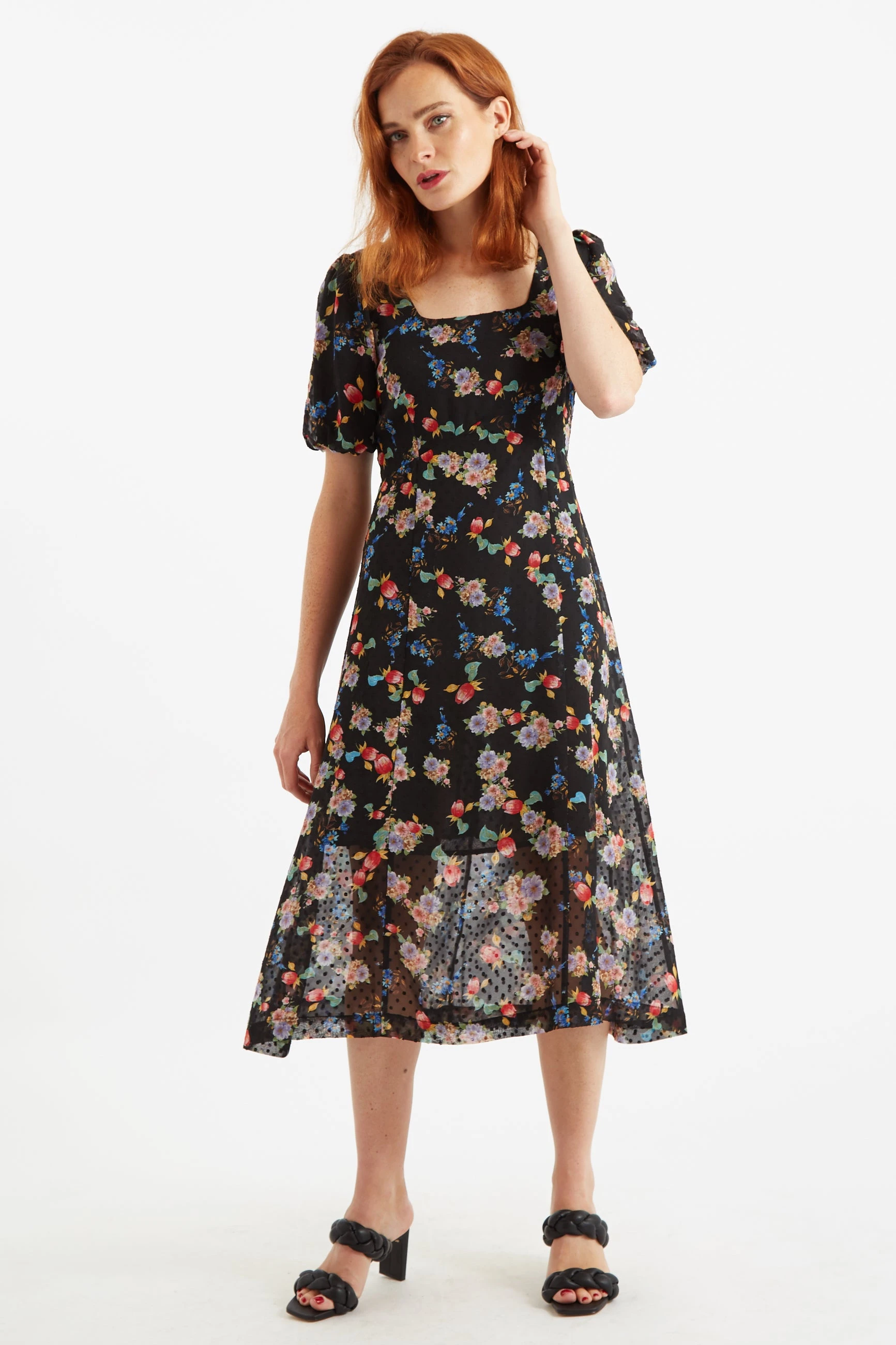 Nadine Carpathian Florals Print Midi Dress - Black