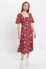 Nadine Roaring Daisy Print Square Neck Balloon Sleeve Midi Dress Red