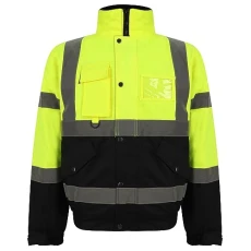 NATHNIC® Hi Vis Viz Bomber Jacket High Visibility Workwear Safety Security Hooded Padded Waterproof Taped Seams Work Wear Coat Top Plus Size S-2XL (Yellow Navy, S)
