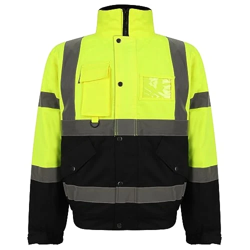 NATHNIC® Hi Vis Viz Bomber Jacket High Visibility Workwear Safety Security Hooded Padded Waterproof Taped Seams Work Wear Coat Top Plus Size S-2XL (Yellow Navy, S)