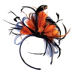 Navy Blue and Orange Feather Hair Fascinator Headband Wedding and Royal Ascot Races Ladies