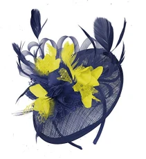 Navy Blue and Yellow Sinamay Disc Saucer Fascinator Hat for Women Weddings Headband