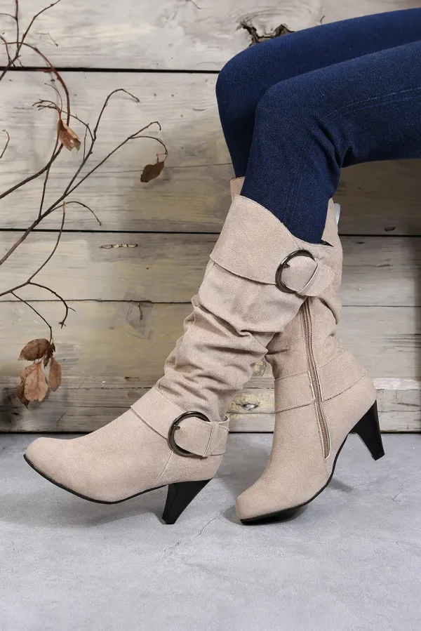 Navy Blue Dual Buckle Strap Side Zip Heeled Mid Calf Boots - BEIGE / - BEIGE