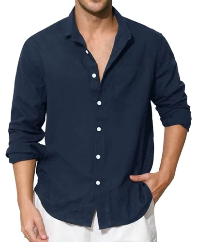 Navy Blue Linen Shirts for Men Long Sleeve Shirt Button-Down Henley Shirts Cotton Casual Summer Shir