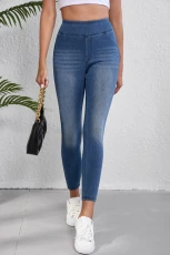 Navy Blue Skinny Elastic Waist Ankle Length Mid Waist Jeggings with Pockets - NAVY BLUE / / %POLYESTER+%COTTON+%ELASTANE