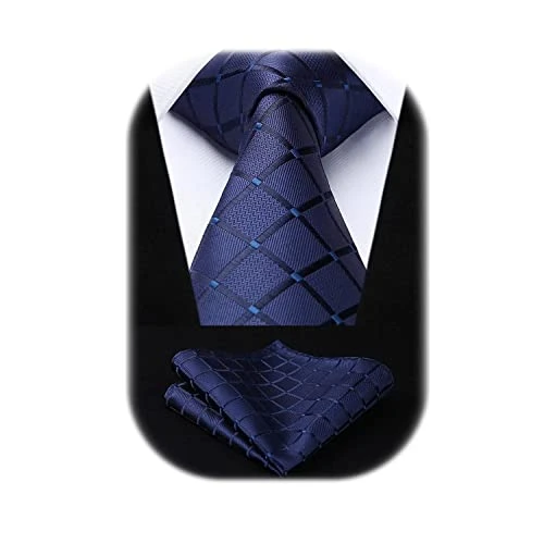 Navy Blue Ties For Men Extra Long Check Plaid Tie and Handkerchief for Wedding Party Mens Necktie wi